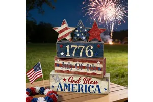 American Flag Star Independence Day Gift Decorative Wooden Block Sign Patriotic Home Tabletop Decor