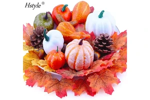 Hstyle Thanksgiving Pumpkin Decorations Artificial Mini Pumpkin Fall Maple Leaves Acorns Pine Cones Set Halloween Thanksgiving