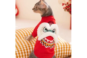 Festive Lion Dance Knitted Cat Sweater Polyester Thick Warm Winter Hairless German Cats New Year Celebration Casual