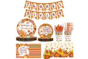Happy Thanksgiving Tableware Set Party Supplies Autumn Harvest Pattern Disposable Plates for Thanksgiving Barbecues and Picnics
