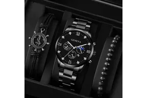 Hot Sale Fashion Men's Stainless Steel Watch Minimalist Casual Wristwatch Rudder Bracelet Quartz Watch Set Men's Jewelry Gift