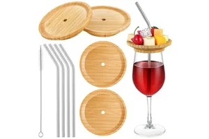 JQ Wine Glass Charcuterie Topper Set 4 Inch Charcuterie Wine Glass Holder With Hole Bamboo Appetizer Plates