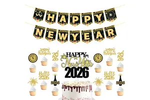 Happy New Year 2026 Party Decoration Set Banners Garland and Cake Cupcake Toppers with Champagne Bottle and Countdown