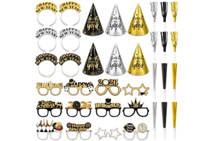 Happy New Year Paper Cone Caps Hats Headband Photo Props Glasses Fringe Blowouts Noise Makers for New Year eve Party Decoration
