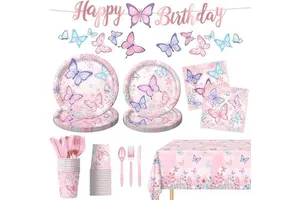 HAWIN 178 PCS Butterfly Birthday Party Supplies Disposable Paper Plates Napkins Cups for Adult/Child/Teenage