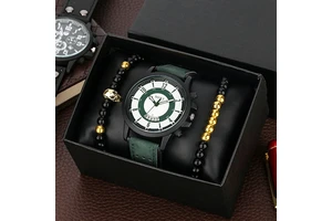 Fashion Father's Day Gifts Watch Bracelet Set Gift Quartz Watches Men Wrist Leather Strap Watch for Men Present for Dad