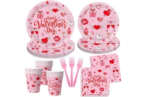 Valentine's Day Party Decoration Supplies Hot Pink Heart Love Theme Disposable Tableware Set