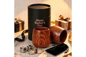 Premium Father's Day Gift Handcrafted Wooden Whiskey Cup Set with Stainless Steel Chilling Stones in Cylinder Box
