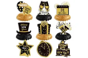 YACHEN New Arrival New Year Eve Party Supplies 9Pcs Black Gold New Year Honeycomb Centerpieces Decorations