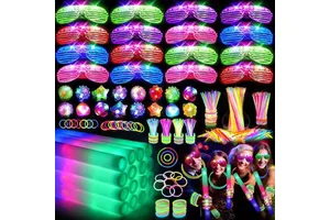 150 PCS Glow in the Dark Party Supplies, 16 Foam Sticks, 16 LED Glasses, 100 Glow Sticks and 18 Finger Lights for Neon Party