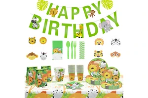 Jungle Animal Disposable Tableware Set for Kids' Birthday Parties-Paper Tray Cup Towel Tablecloth with Fun Wildlife Theme
