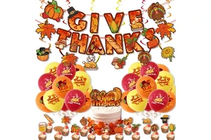 Thanksgiving Party Decoration for Party Supplies With Give Thanks Banner Balloons Party Favor Cupcake Toppers for Kid Set X4099