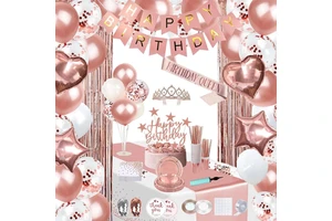 Rose Gold Party Birthday Decorations for Women Party Decoration Supplies Tableware Kit Banner Tassel Curtain for 25 Guests