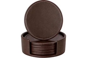 Fashion Custom Print Logo Pu Leather Round Coasters Wedding Laserable Leatherette Drink Coaster With Holder Set