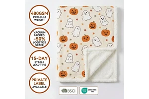 Halloween Blanket Pumpkin Ghost Print Custom Logo 480GSM Sherpa Fleece Bulk Giveaway Private Label Fast 15 Day Lead Time OEKO