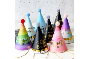 Children Adults Happy Birthday Party Supplies Paper Rainbow Hat With Pompom Hat for Birthday Baby Shower Party Decorations