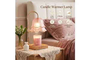 Luxury Pink Flower Glass Candle Heater Gold Edge Wood Base 2/4/8H Timer Mothers Day Birthday Gift For Women