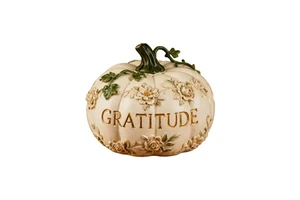 Cream Floral Gratitude Pumpkin Custom Polyresin Craft, Perfect for Thanksgiving Home Decor & Tabletop Holiday Gift Accents