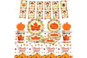 Hot Selling Thanksgiving Party Theme Autumn Maple Leaf Pumpkin Give Thanks Disposable Paper Plate Set Supplies for Party Decor