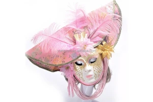 HLC Giant Italian Venice Decorative Wall Mask with Feather Flowers Masquerade Mask with Veils Women Large Carnival Party Masks