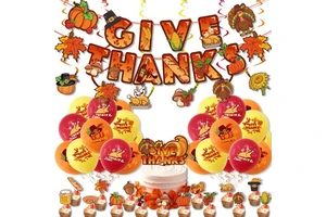 Thanksgiving Theme Party Decoration Supplies 'Give Thanks' Message Latex Holiday Flag Cake Card Balloon Arrangement Set