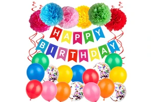 Colorful Adult Happy Birthday Party Decoration Supplies Sets Banner Balloons Paper Flower Ball Swirl Streamers