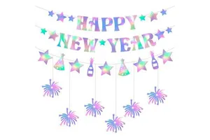Indoor Decoration for Party Event Ornament Glitter Paper Banner Background Hanging Drop Happy New Year Banner