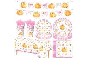 Custom Pink Pumpkin Thanksgiving Theme Disposable Tableware Set Paper Plate Napkins Tablecloth Banner for Festival Party Decor