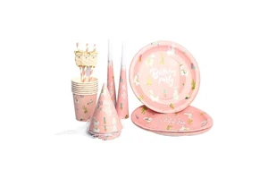 Xieli Girl Kids Birthday Party Kit Pink Color Tableware Birthday Party Supplies