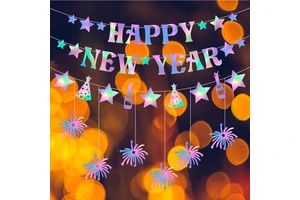 Reusable Aluminum Film Star-Shaped Happy New Year Flags and Hanging Ornaments Fireworks Decorations for 2026 New Year Party