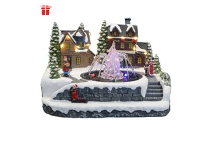 Animated Christmas Village Decoration with Rotating LED Water Fountain and Multi-Color Lighted Resin Xmas Ornament