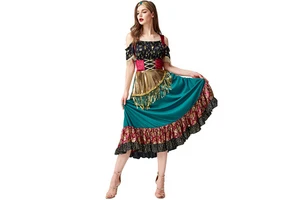 Spain Flamenco Costumes Gold Sequin Tassel Flower Print Pleated Skirt Dress Gypsy Girl Carnival Costumes