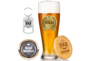 15oz American Style Beer Glass Gift Set with UV Printing Father's Day Gift for Dad Includes Bamboo Coaster & Bottle Opener