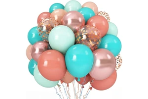 60pcs Teal Peach Rose Gold Metallic Confetti Balloons Kit, Assorted Color Latex Balloons Bulk for Wedding Birthday Party Supply