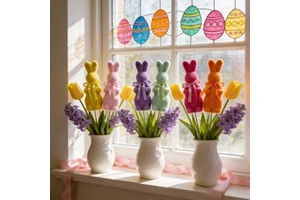 New Design Easter Flocking Rabbit Ornament with Bow Multiple Colors Kids Gift for Home Party Desktop Floral Bouquet Decoration