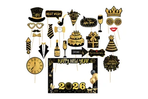 New Arrivals Celebrate the New Year Glamorous Black Gold New Year Decorations Handheld Photo Prop Set 2026 Party Photo Props