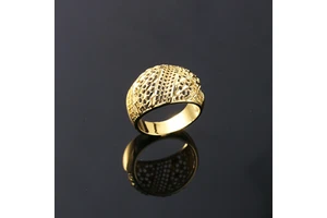 Vintage Central Asia Filigree Hollow Carved Wide Surface Band Elegant Copper Gold Plated Ladies Daily Wear Statement Ring
