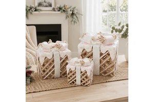 Christmas Hot Sale Items Decoration High Quality New Creamy Brown Color Gift Box Decor Set 3 Piece for Home Xmas Supplier
