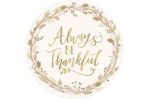 Large Oval Modern Style Thanksgiving Paper Plates Hot Selling Pink Gold Foil Friendsgiving Table Setting 'Always Be Thankful