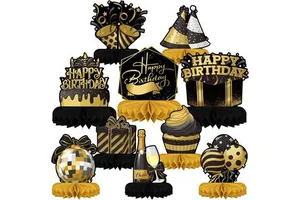 Happy Birthday Decorations Set - Black and Gold Birthday Themed Honeycomb Centerpiece for Women Men Birthday Party Decorations