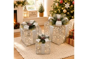 Christmas Decoration Products High Quality New Sliver Iron Frame Gift Box With Led Light 3 Piece Set for Home Xmas Supplier