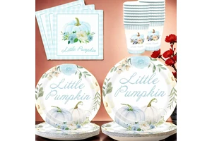 Hot Seller Blue Pumpkin Graphic Party Tableware Supplies Set Thanksgiving Paper Plates Cup Napkin Set Baby Shower Party Supplies