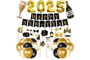 Magic Lights 2025 New Year Celebration Set Elegant Black & Gold Balloons and Banners Party Decoration Supplies