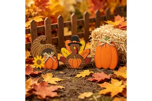 3PCS Fall/Thanksgiving Wood Decor: Cornucopia, Turkey W/pumpkin, Plain Pumpkin. for Parties, Weddings, Reunions, Table.