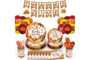 Thanksgiving Theme Disposable Pumpkin Maple Leaf Paper Plate Tableware Set for Party Decorations