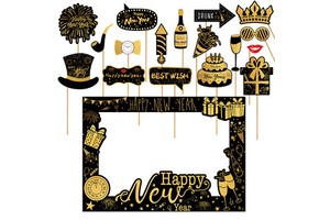 2026 for New Year Theme Black Gold Paper Handheld Photo Frame Funny Photo Props Party Decoration Kit Supplies