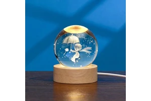 Modern 3D Nebula Solar Artwork Engraved Rubber Wood Base Crystal Ball Night Light Lamp Multi-Occasion Home Decor