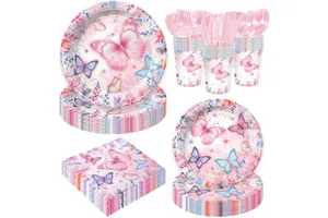 New Arrives Pink Purple Butterfly Theme Children's Birthday Party Tableware Disposable Paper Plates Towels Tablecloth Customize