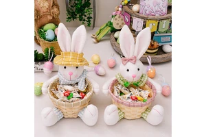 New Easter Decor Cartoon Plaid Fabric Rabbit Doll Candy Woven Basket Creative Tabletop Decoration for Easter Holiday Supplies