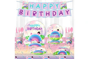 Children's Birthday Party Supplies Set with Gaby Magic Theme Including Tableware Plates Cups and Decorative Balloons Banner